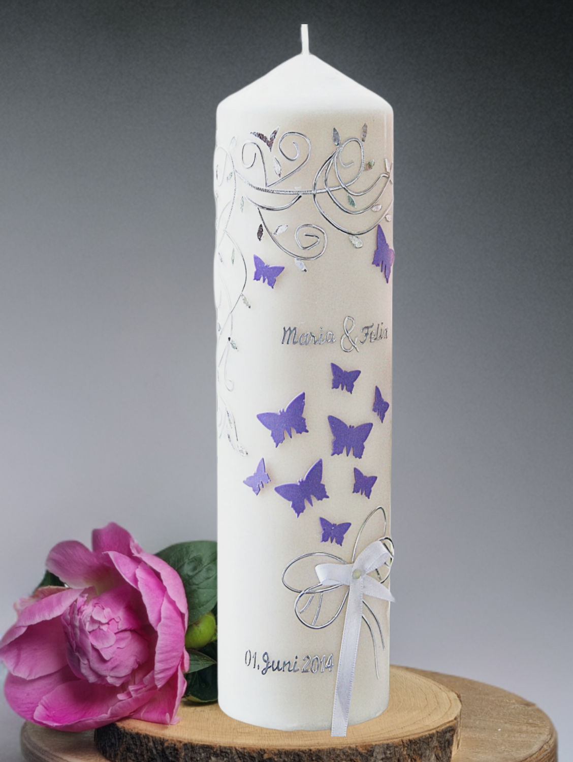 Hochzeitskerze - Schmetterlinge, Blumenranke