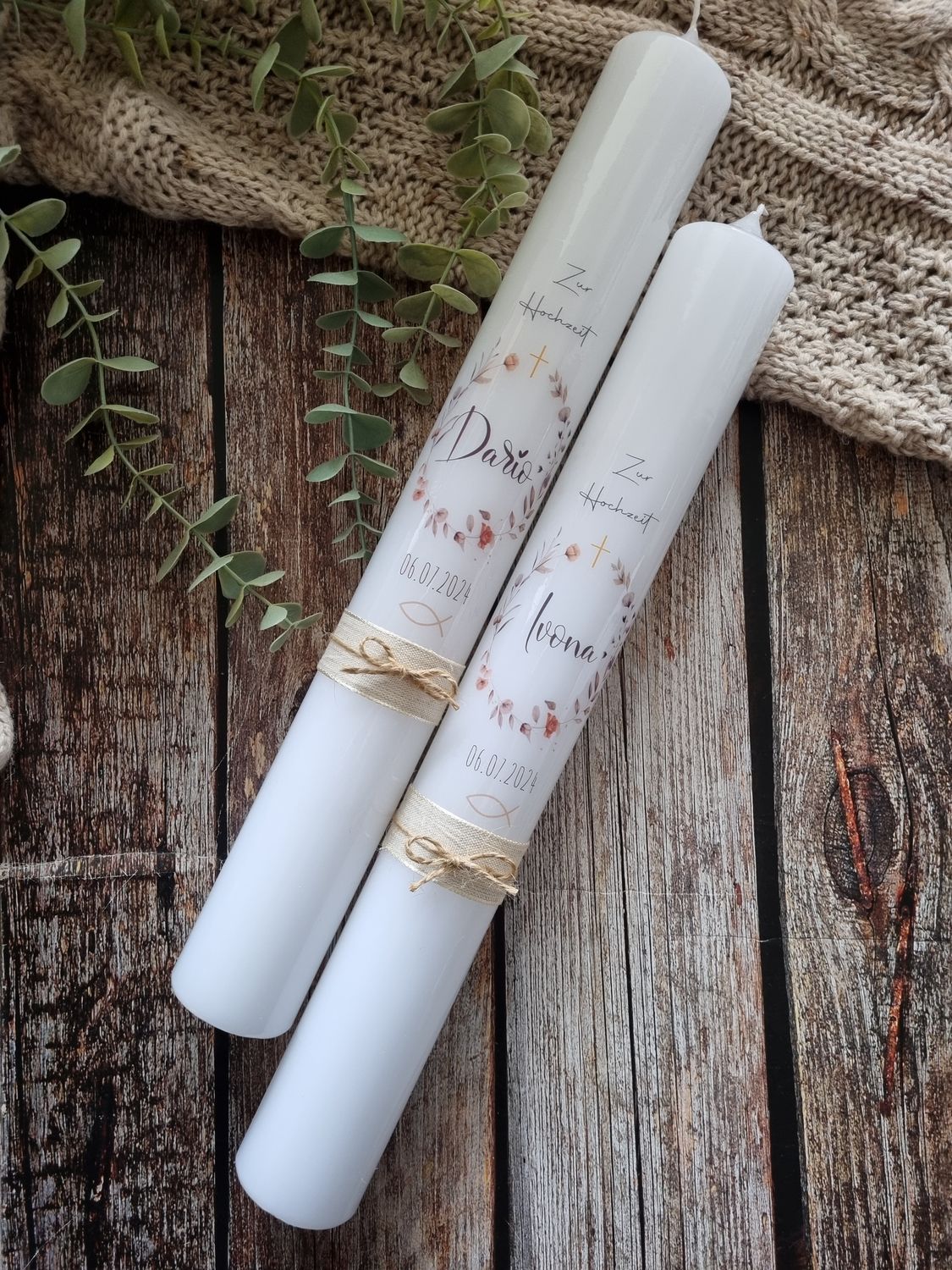 Hochzeitskerzen Set - Blumenkranz mit Schleifen