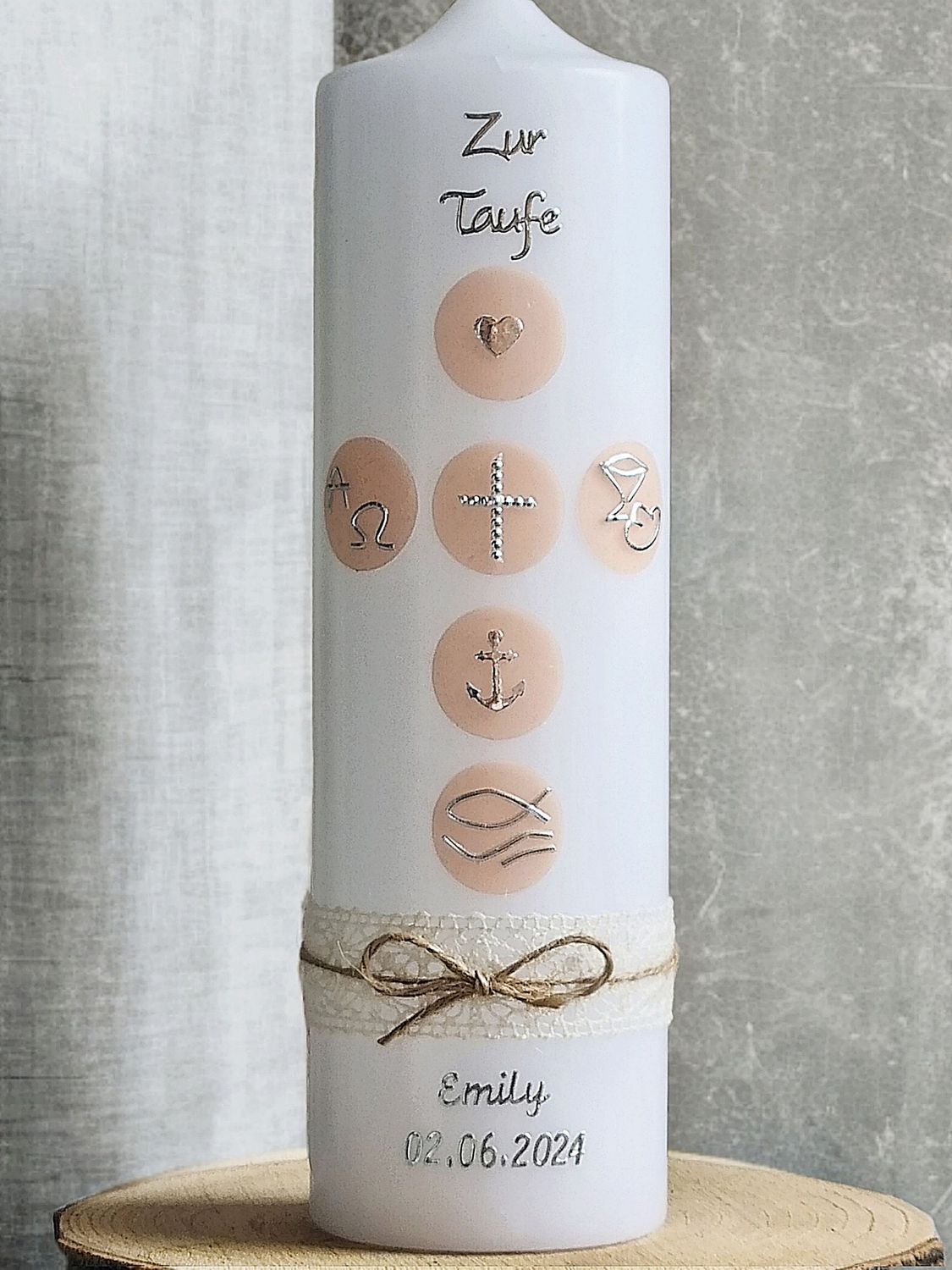 Taufkerze, Kommunionkerze Mädchen - Kreuz, Kreise, Beige