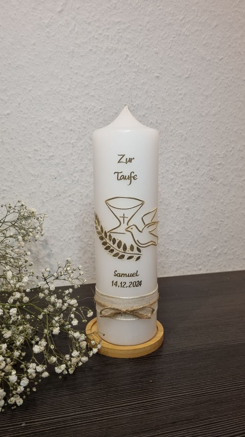 Taufkerze, Kommunionkerze, Konfirmationkerze - Gold mit Schleifen
