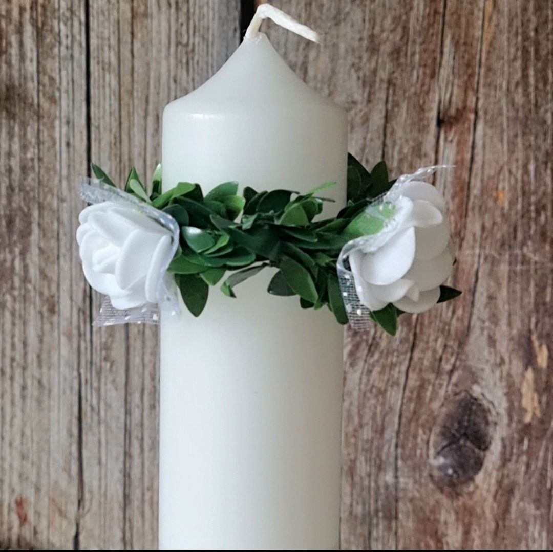 Buchskranz  "Rosen & Glas ", Tropfschutz  für Taufkerzen & Kommunionkerzen