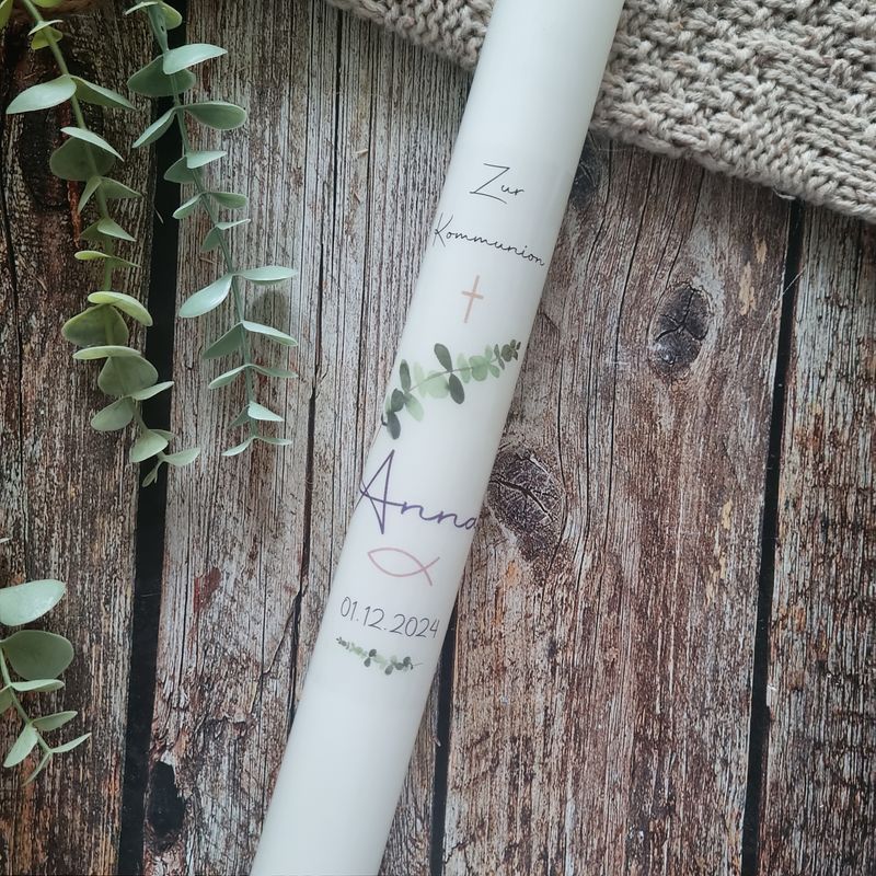 Taufkerze Eukalyptus Zweig,  Kommunionkerze Eukalyptus - für Mädchen & Jungen, Personalisierbar