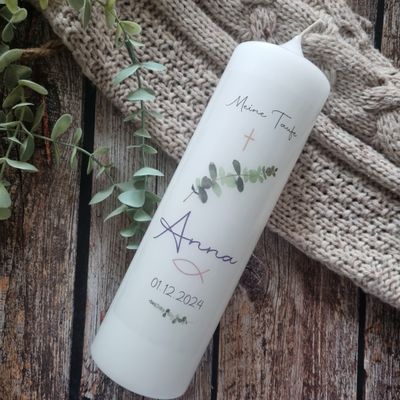 Taufkerze Eukalyptus Zweig,  Kommunionkerze Eukalyptus - für Mädchen & Jungen, Personalisierbar
