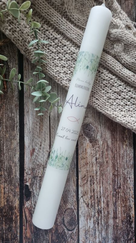 Taufkerze Eukalyptus Zweig,  Kommunionkerze Eukalyptus - für Mädchen & Jungen, Personalisierbar