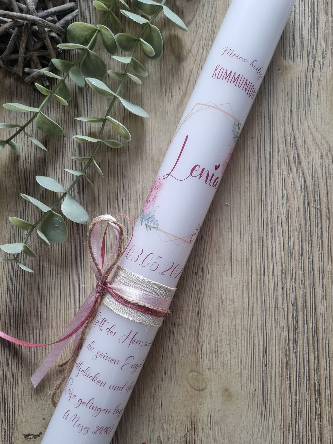 Kommunionkerze Hortensien-Motiv Rosa für Mädchen