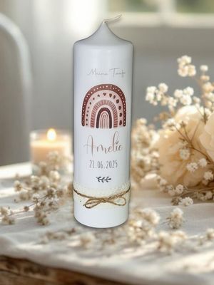 Taufkerze mit Regenbogen Boho - Amelie - in warmen Naturfarben für Mädchen, Kerze zur Taufe, mit Trockenblumen, Schleifen, personalisiert Personalisierte Taufkerze mit Regenbogen und Schleifen