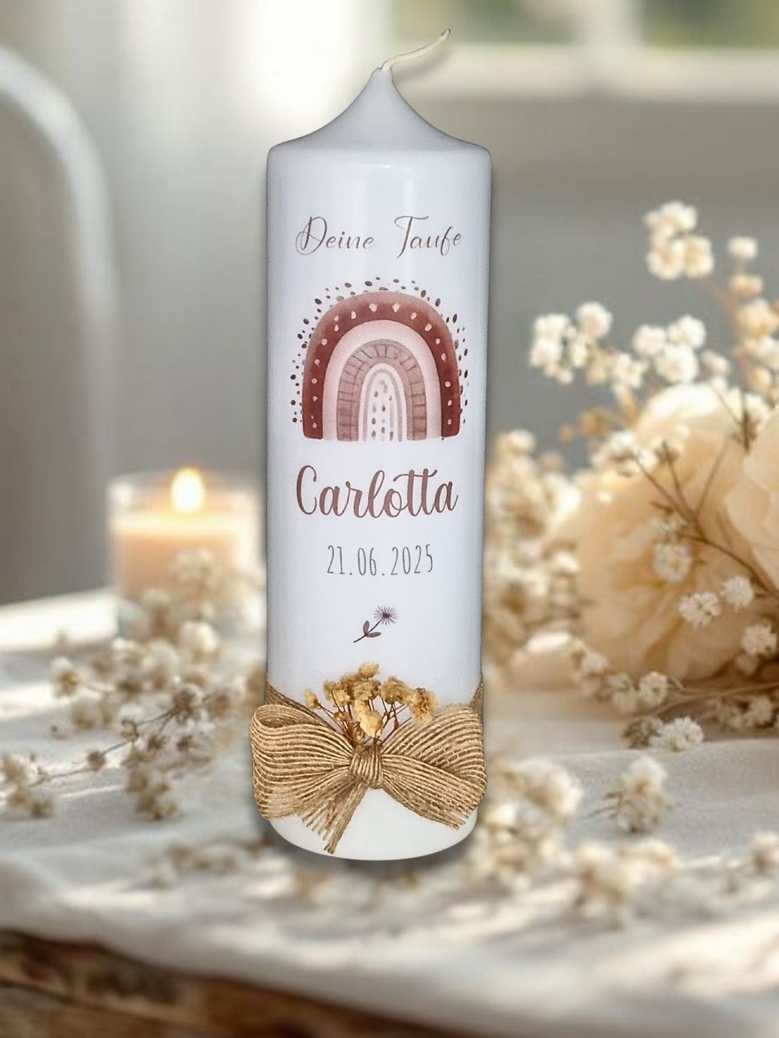 Taufkerze mit Regenbogen Boho -Carlotta- in warme Naturfarben für Mädchen, Taufkerze Junge, mit Trockenblumen, Schleifen, personalisiert