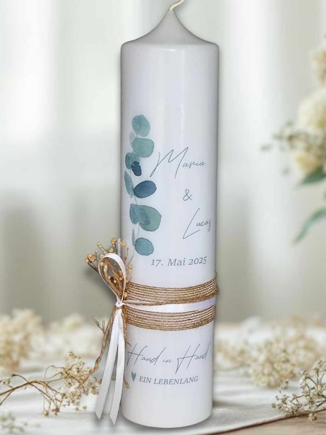Elegante Hochzeitskerze-Eukalyptus Zweig mit Schleifen und Trockenblumen / Namen, Hochzeitsdatum / Hochzeitsgeschenk Hochzeitsdeko