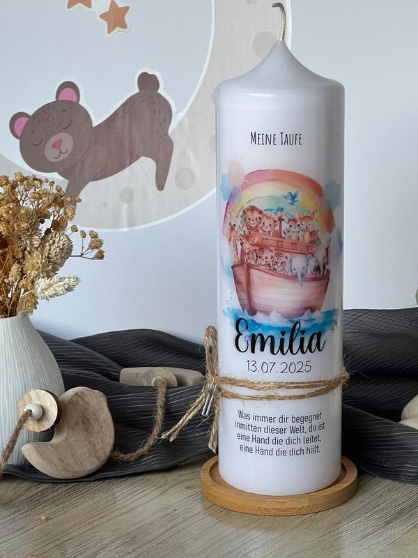 Taufkerze Boot "Emilia" - für Jungen und Mädchen, Personalisiert mit Name, Datum und Taufspruch