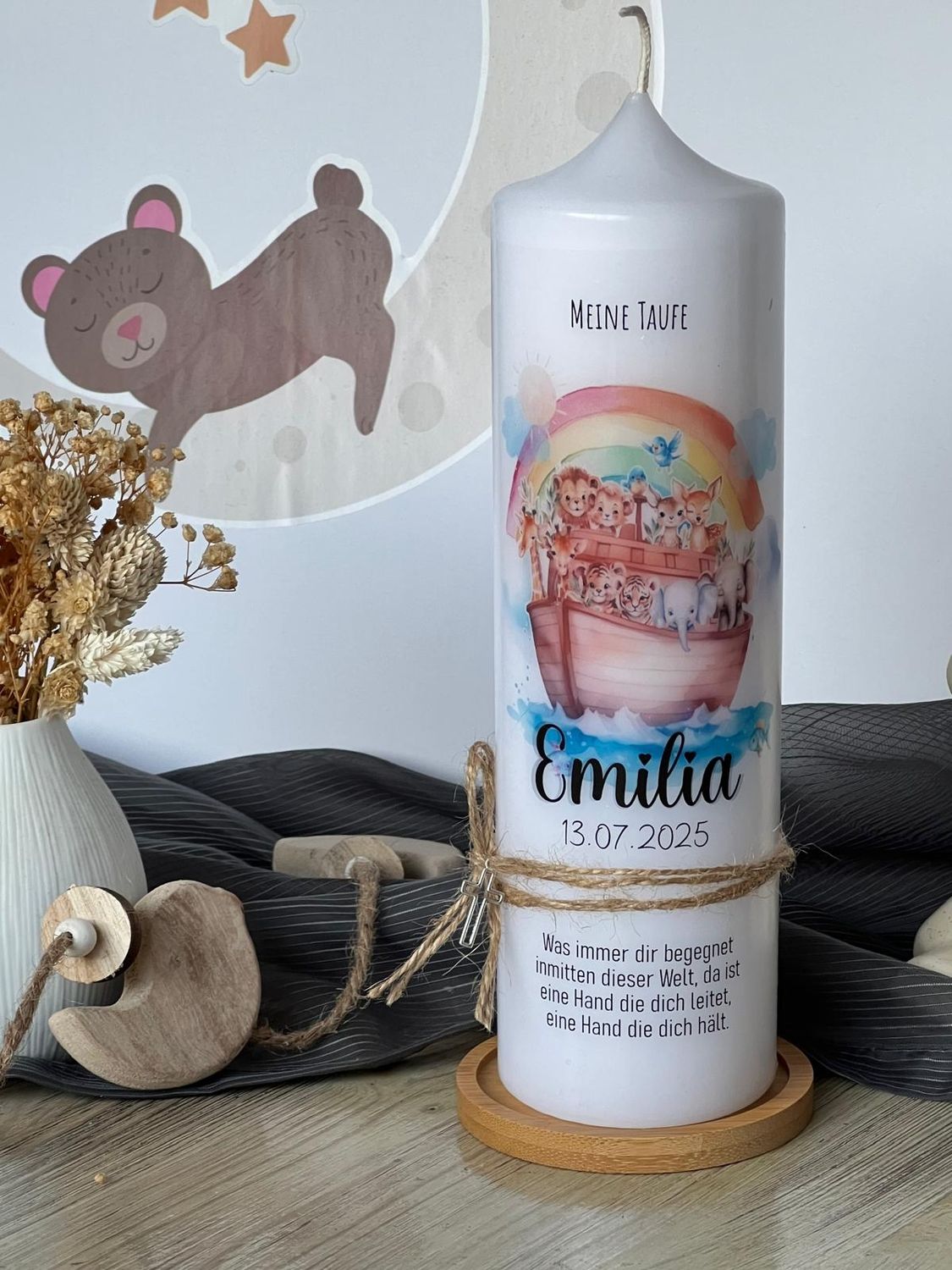 Taufkerze Boot "Emilia" - für Jungen und Mädchen, Personalisiert mit Name, Datum und Taufspruch