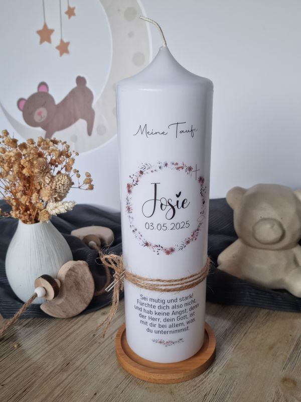 Taufkerze mit Blumen - Josie- Meine Taufe, Blumenkranz Wildblumen Natur für Mädchen und Jungen, Name Datum Spruch