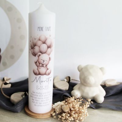 Taufkerze Bär - Moritz - Personalisierte Taufkerze für Mädchen und Jungen, Naturfarben, mit Name  Datum und Spruch