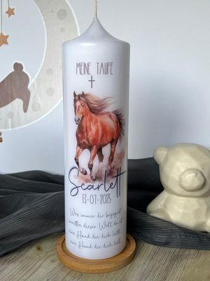 Taufkerze Pferd - Scarlett - Personalisierte Taufkerze für Mädchen und Jungen, Naturfarben, mit Name Datum und Spruch