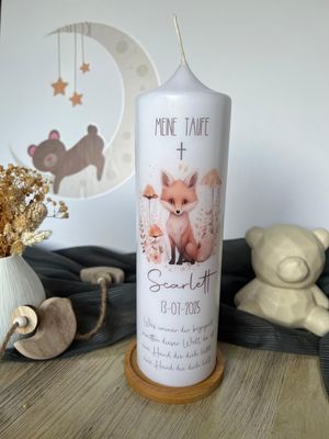 Taufkerze Fux, Babyfux -Personalisierte Taufkerze für Mädchen und Jungen, Naturfarben, mit Name Datum und Spruch