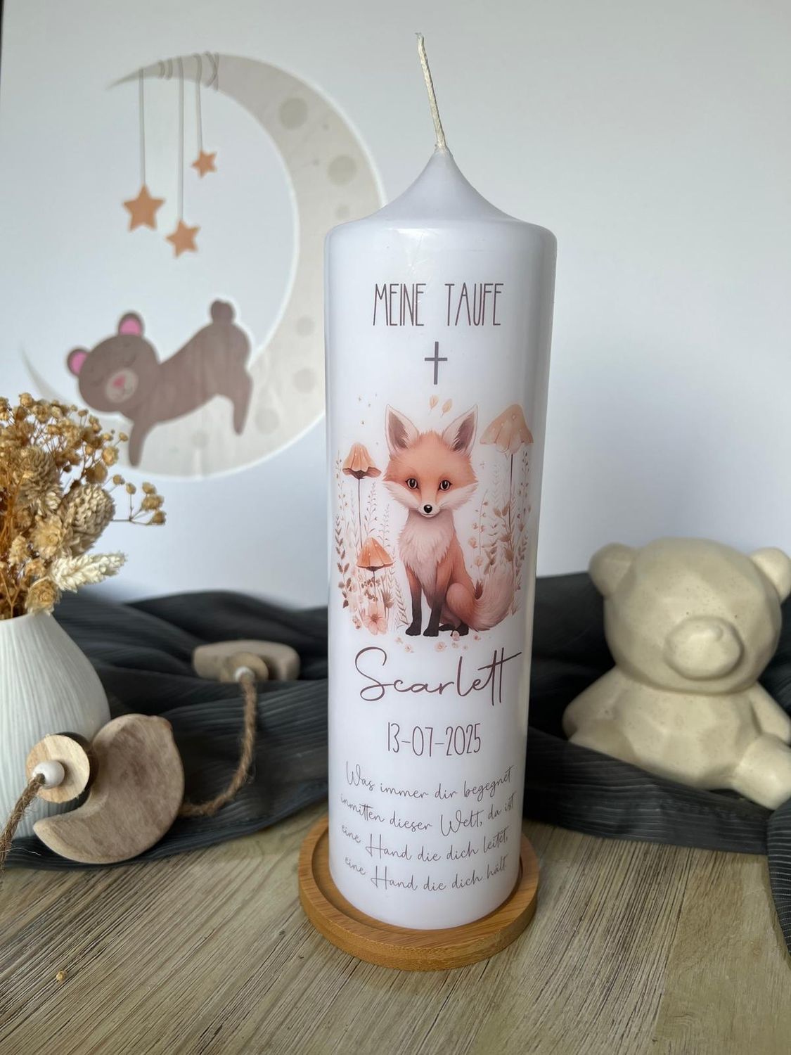 Taufkerze Fux, Babyfux -Personalisierte Taufkerze für Mädchen und Jungen, Naturfarben, mit Name Datum und Spruch