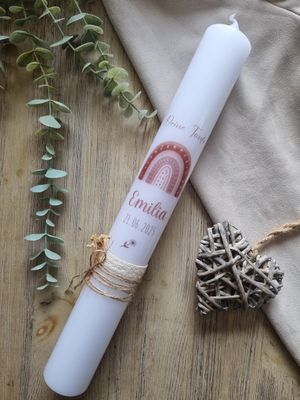 Personalisierte Taufkerze mit Regenbogen Boho -Emilia- in warmen Naturfarben für Mädchen, Taufkerze Junge, mit Trockenblumen, Schleifen
