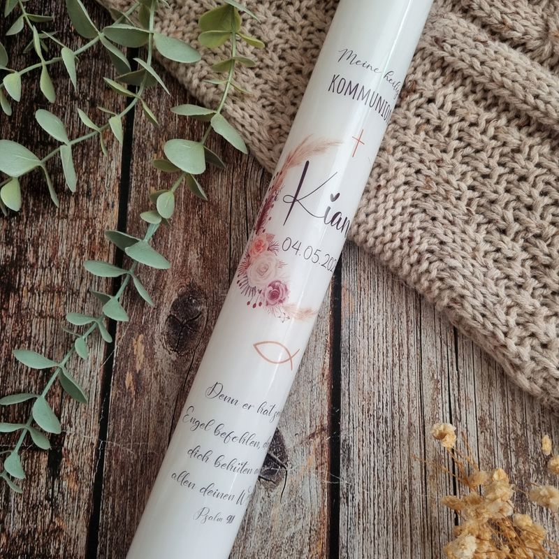 Kommunionkerze & Taufkerze Boho-Blumenkranz – Altrosa mit Fisch & Kreuz