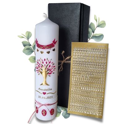DIY Taufkerze Lebensbaum Mädchen, Taufkerze Rosa, Gold, 30 x 6 cm, Zubehör zum selbstbeschriften und Aufbewahrungskarton - Wachsmotiv