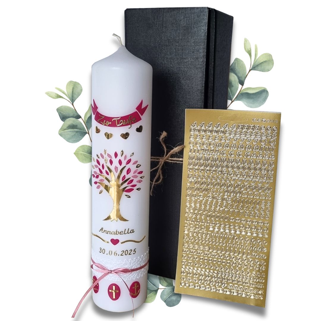 DIY Taufkerze Lebensbaum Mädchen, Taufkerze Rosa, Gold, 30 x 6 cm, Zubehör zum selbstbeschriften und Aufbewahrungskarton - Wachsmotiv