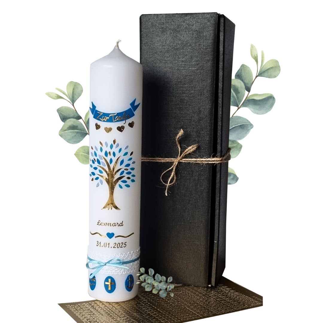 DIY Taufkerze Lebensbaum Jungen, Taufkerze Blau Gold, 30 x 6 cm, Zubehör zum selbstbeschriften und Aufbewahrungskarton - Wachsmotiv