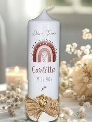 Taufkerze mit Regenbogen Boho -Carlotta- in warme Naturfarben für Mädchen, Taufkerze Junge, mit Trockenblumen, Schleifen, personalisiert Taufkerze mit Regenbogen Boho -Carlotta- in warme Naturfarben für Mädchen, Taufkerze Junge, mit Trockenblumen, Schleifen, personalisiert