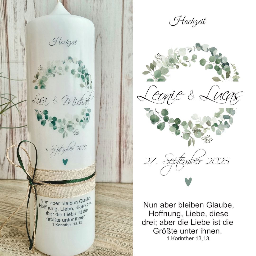 Kerzenfolie Hochzeit Eukalyptus - personalisiert - Kerzensticker, Kerzentattoo - mit Eukalyptuskranz auf Transferfolie, Wasserschiebefolie zur Selbstgestaltung der Hochzeitskerze, Traukerze