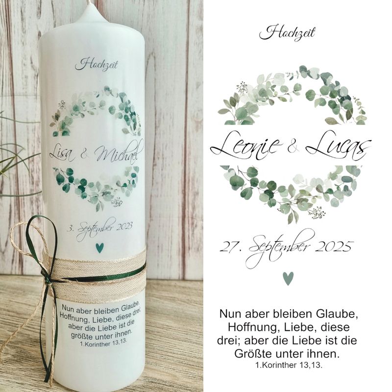 Kerzenfolie Hochzeit Eukalyptus - personalisiert - Kerzensticker, Kerzentattoo - mit Eukalyptuskranz auf Transferfolie, Wasserschiebefolie zur Selbstgestaltung der Hochzeitskerze, Traukerze