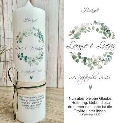 Kerzenfolie Hochzeit Eukalyptus - personalisiert - Kerzensticker, Kerzentattoo - mit Eukalyptuskranz auf Transferfolie, Wasserschiebefolie zur Selbstgestaltung der Hochzeitskerze, Traukerze