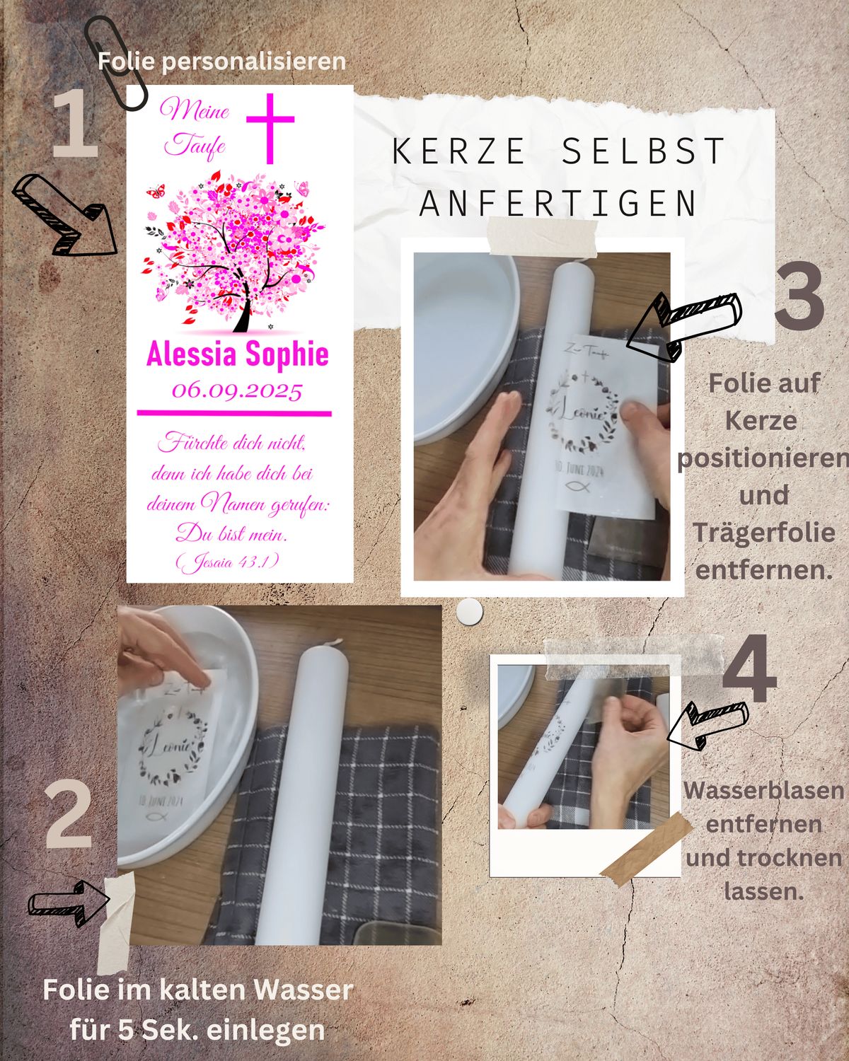 Kerzenfolie Taufe Lebensbaum - personalisiert - Kerzensticker, Kerzentattoo - mit Lebensbaum Rosa Motiv auf Transferfolie, Wasserschiebefolie zur Selbstgestaltung der Taufkerze, Kommunionkerze
