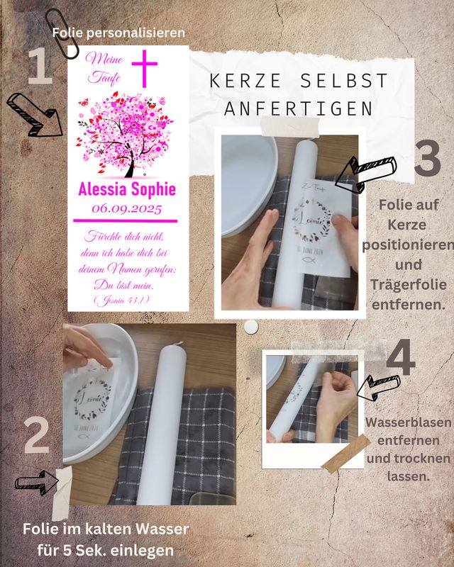 Kerzenfolie Taufe Lebensbaum - personalisiert - Kerzensticker, Kerzentattoo - mit Lebensbaum Rosa Motiv auf Transferfolie, Wasserschiebefolie zur Selbstgestaltung der Taufkerze, Kommunionkerze
