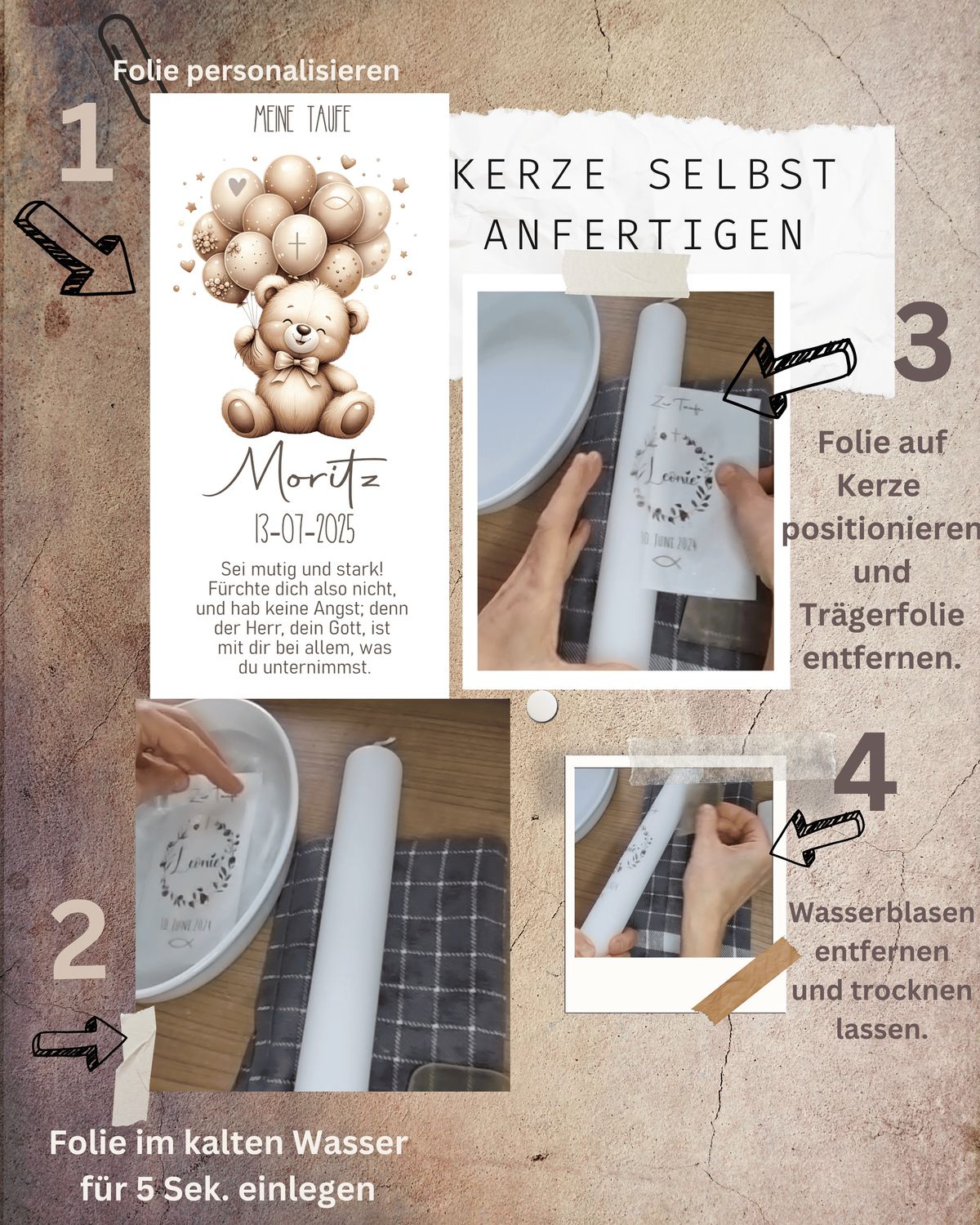 Kerzenfolie Taufe Bär - personalisiert - Kerzensticker, Kerzentattoo - mit christliche Taufsymbole auf Transferfolie, Wasserschiebefolie zur Selbstgestaltung der Taufkerze, Kommunionkerze