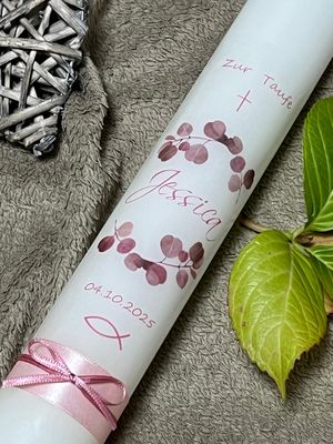 Taufkerze Eukalyptus, Kommunionkerze Eukalyptus Rosa - für Mädchen , Personalisierbar