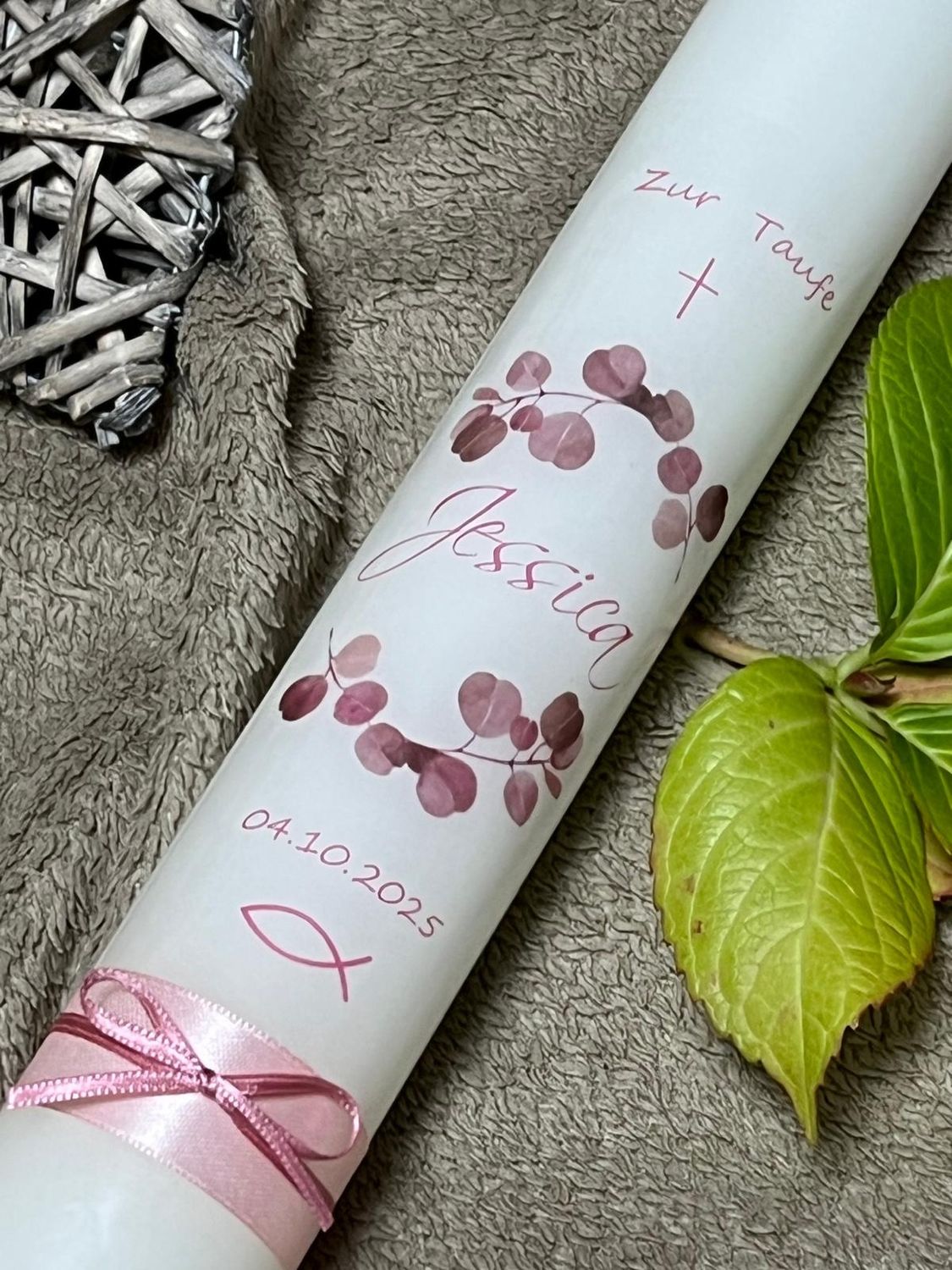 Taufkerze Eukalyptus, Kommunionkerze Eukalyptus Rosa - für Mädchen , Personalisierbar