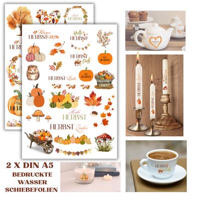 2 Blatt Sticker Herbst Transferfolie Herbst Deko Geschenk Aufkleber Selbstklebend Bunt Wasserschiebefolie für Glas Holz Keramik Kerzen Kleiner Herbstgruß DIY Geschenkideen Rub On Sticker