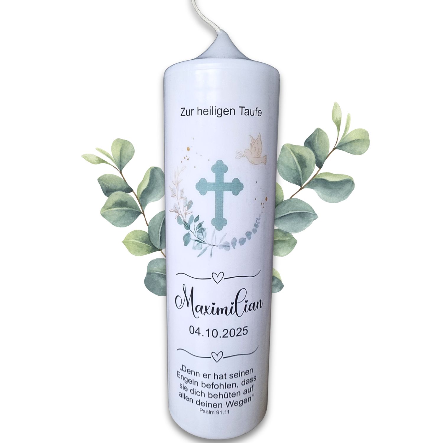 Taufkerze Euklayptus Kreuz, verschiedene Kerzengrößen, mit Ihren Wunschdaten personalisiert Taufkerze Euklayptus Kreuz, verschiedene Kerzengrößen, mit Ihren Wunschdaten personalisiert