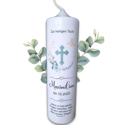 Taufkerze Euklayptus Kreuz,  verschiedene Kerzengrößen, mit Ihren Wunschdaten personalisiert