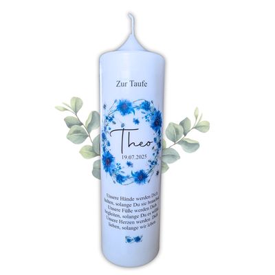 Taufkerze Blumen Kranz - Taufkerze Blau Kornblumen, Kommunionkerze Mädchen & Jungen