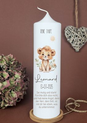 Taufkerze Löwe personalisiert - Modernes Design mit Name & Datum