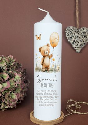 Taufkerze Kleiner Bär – Personalisierte Kerze in Naturfarben & Boho-Stil