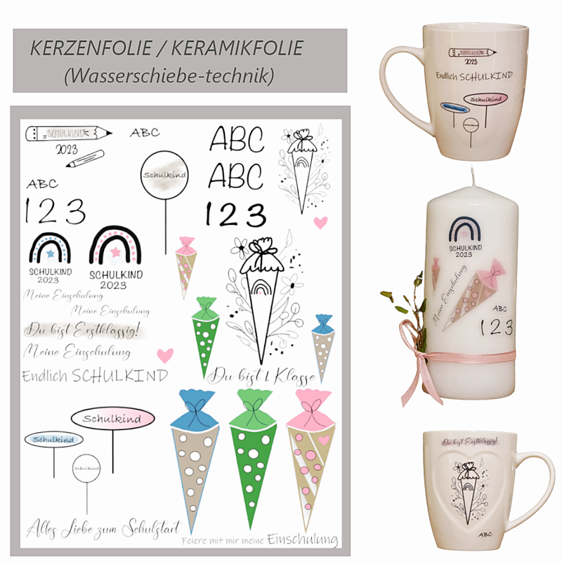 Kerzensticker SCHULE / EINSCHULUNG / SCHULKIND / SCHULSTART / auf Transferfolie, DIN A4 oder DIN A5 - Kerzen-tatoofolie, Kerzenfolie, Keramikfolie, Schulgeschenk