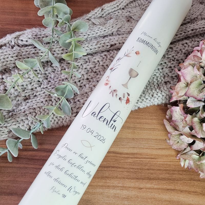 Kommunionkerze personalisiert Blumen, Kelch, Kreuz