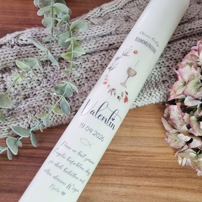 Kommunionkerze personalisiert Blumen, Kelch, Kreuz