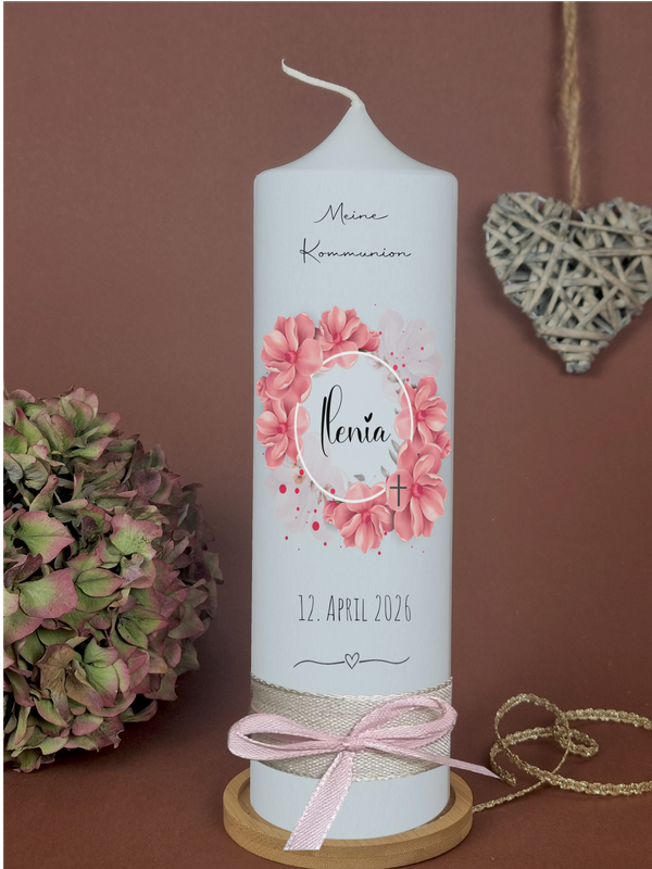 Kommunionkerze Taufkerze Blumen Rosa -Julia- Kommunionkerze Mädchen - Taufkerze, Konfirmationkerze mit Name und Datum