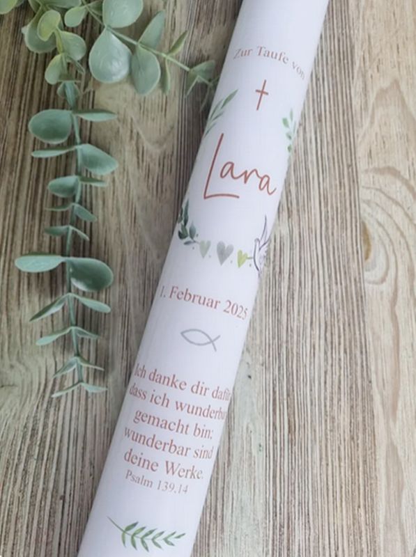Kommunionkerze Blätterkranz personalisiert – Taufkerze Mädchen & Jungen mit Name, Datum – Kerze zur Kommunion Boho Eukalyptus, Kreuz, Fisch