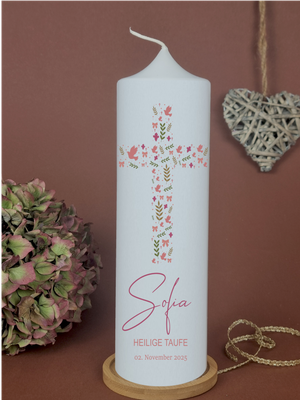 Taufkerze personalisiert Mädchen – Sofia – Kreuz aus Tauben & Blättern – Taufgeschenk modern – Kerze zur heiligen Taufe rosa
