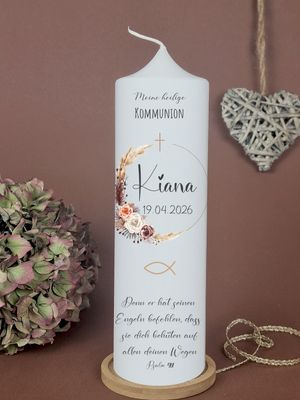 Kommunionkerze personalisiert Mädchen – Kiana – Boho Pampasgras & Rosen – Taufspruch Psalm 91.11 – Kerze zur Erstkommunion modern Blumen