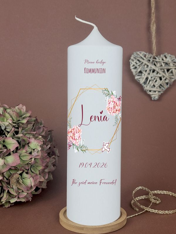 Kommunionkerze personalisiert Mädchen – Lenia – Rosa Hortensie & Goldrahmen – Spruch Ihr seid meine Freunde – Kerze Erstkommunion modern Kommunionkerze personalisiert Mädchen – Lenia – Rosa Hortensie & Goldrahmen – Spruch Ihr seid meine Freunde – Kerze Erstkommunion modern