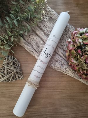 Kommunionkerze mit Blumenkranz Boho  -Josie - personalisierbar für Mädchen und Jungen