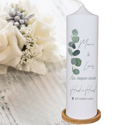 Hochzeitskerze - Eukalyptus Zweig, 25 x 7 cm / Personalisiet mit Namen, Hochzeitsdatum & Trauspruch / Traukerze Hochzeitskerze - Eukalyptus Zweig, 25 x 7 cm / Personalisiet mit Namen, Hochzeitsdatum & Trauspruch / Traukerze