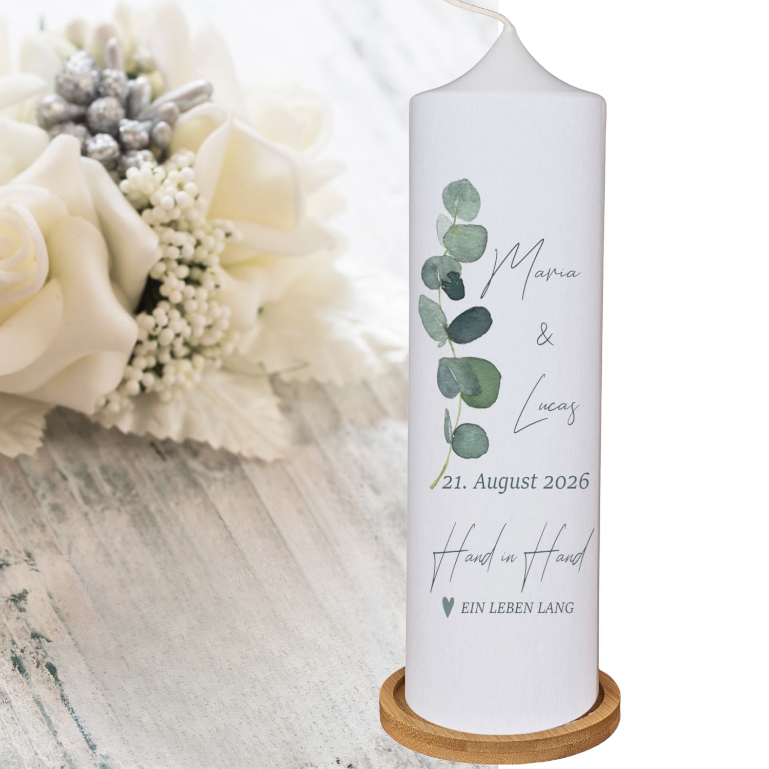 Hochzeitskerze - Eukalyptus Zweig, 25 x 7 cm / Personalisiet mit Namen, Hochzeitsdatum & Trauspruch / Traukerze Hochzeitskerze - Eukalyptus Zweig, 25 x 7 cm / Personalisiet mit Namen, Hochzeitsdatum & Trauspruch / Traukerze